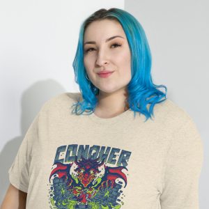 Person with blue hair wearing a graphic t-shirt.